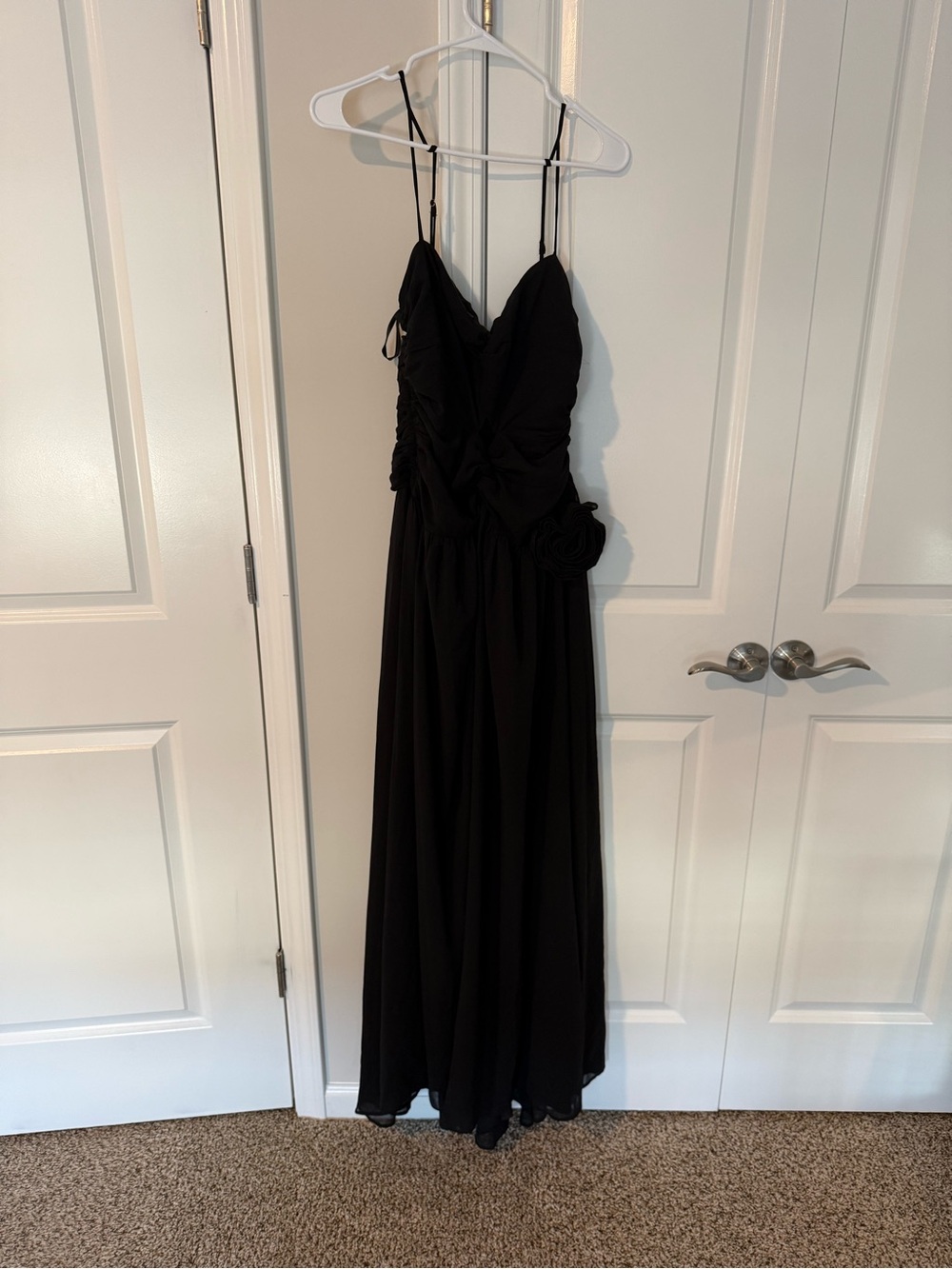 Black Spaghetti-Strap Maxi Dress with Floral Waist Detail